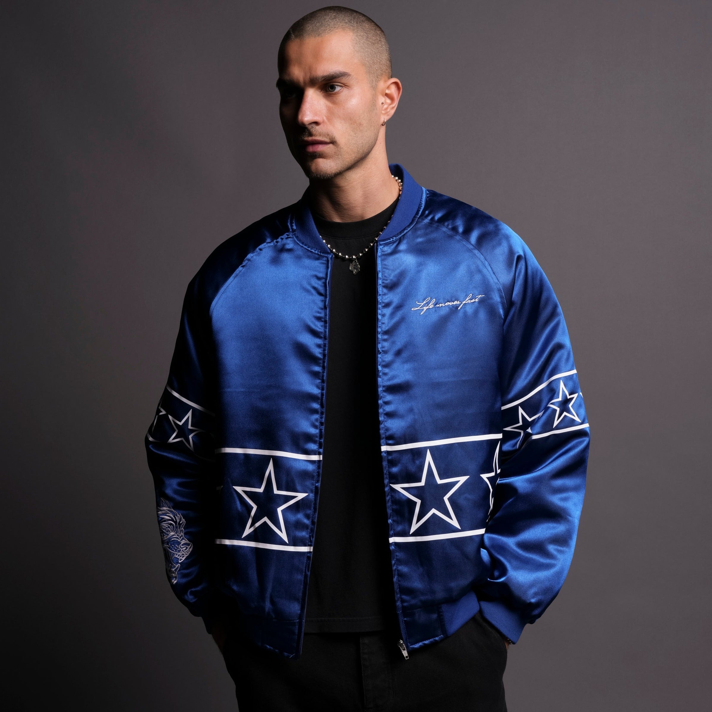 In The Stars Satin Bomber Zip Jacket in Darc Cobalt – DarcSport