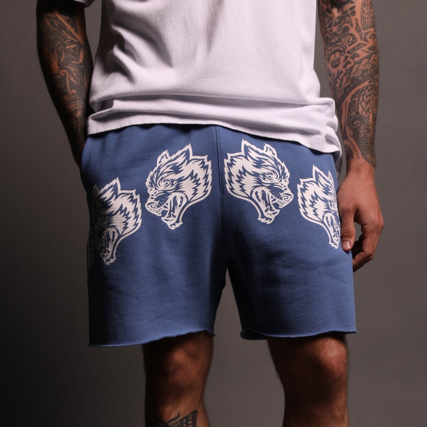 Draw The Line Raw Cut Patch Liam Sweat Shorts in LA Blue