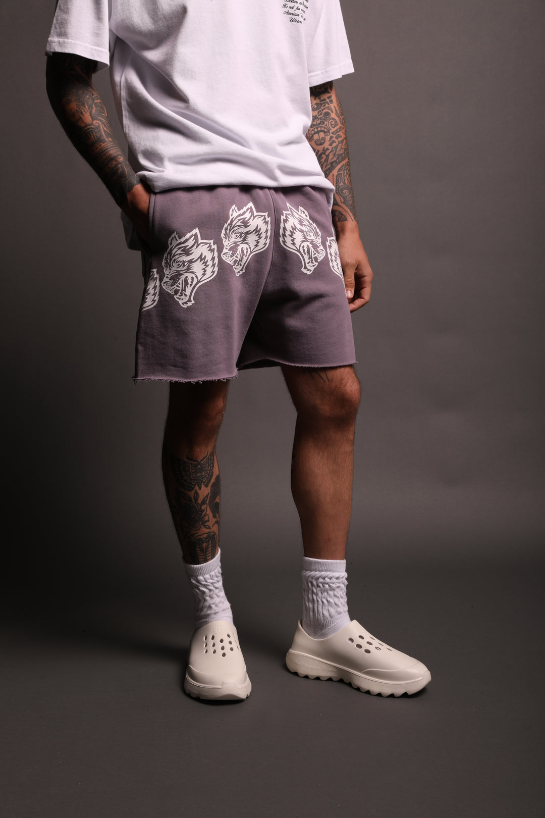 Draw The Line Raw Cut Patch Liam Sweat Shorts in LA Purple
