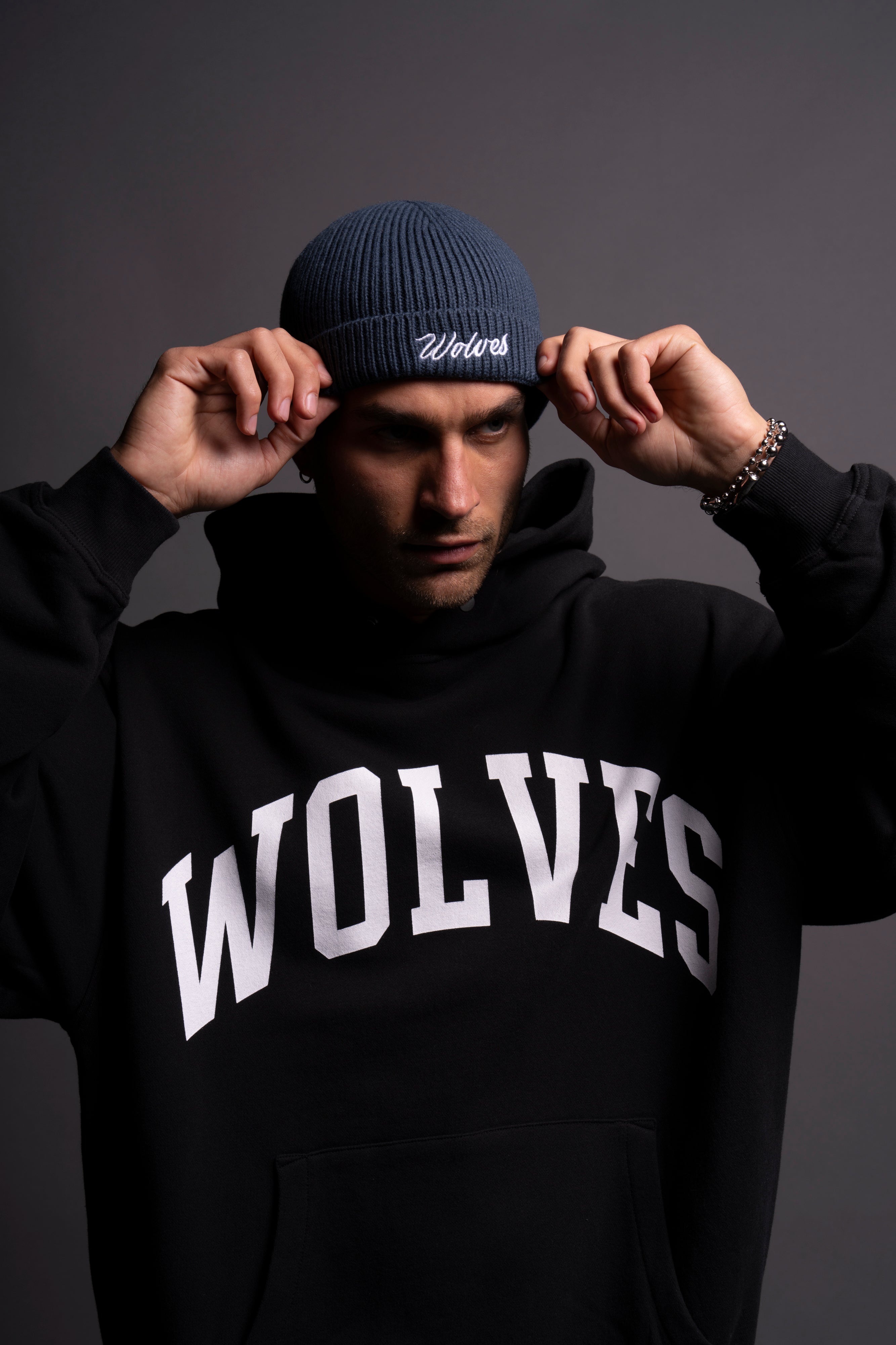 Wolves Cursive Beanie in Darc Blue