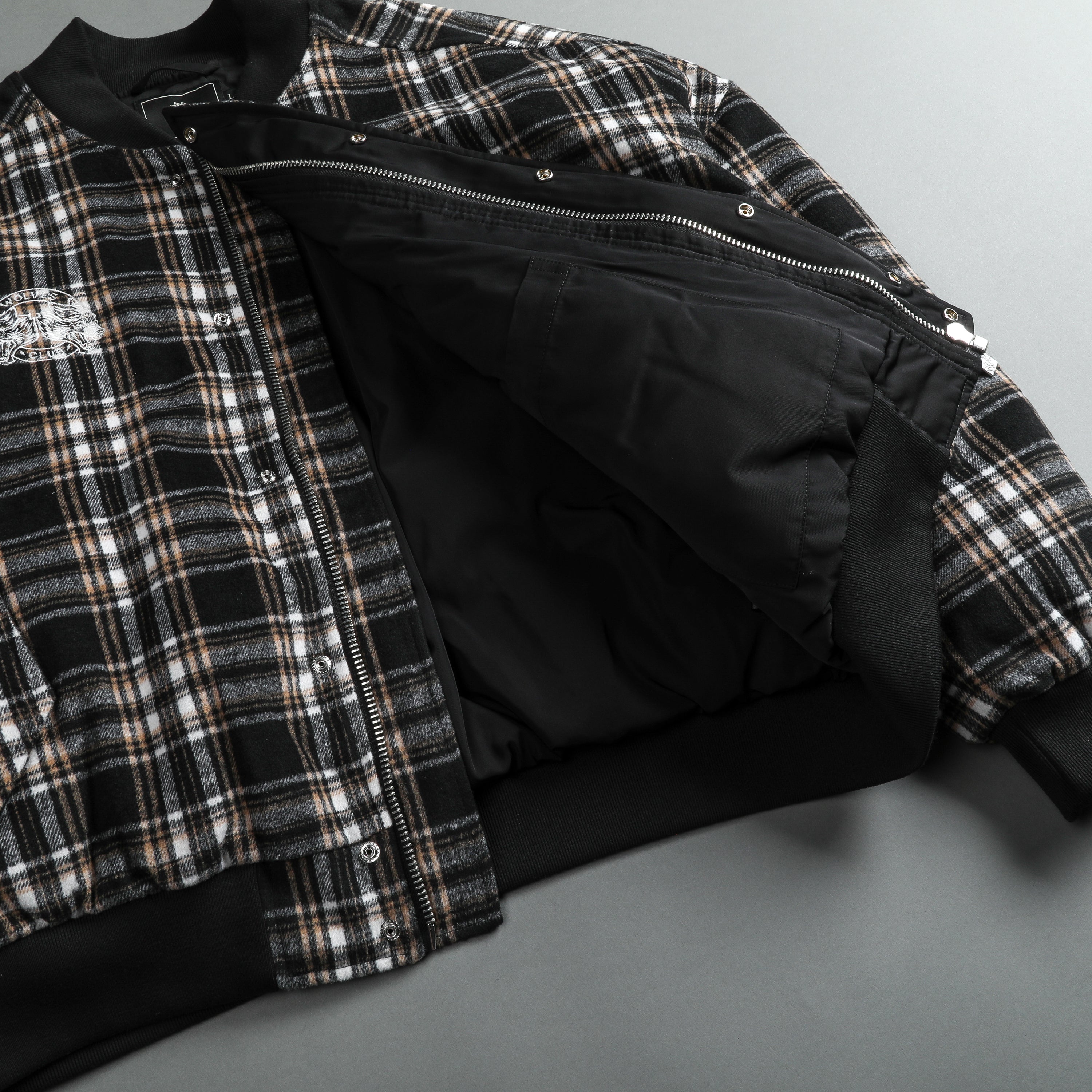 Marked Vicious Plaid Bomber Jacket in Black/Brown Plaid