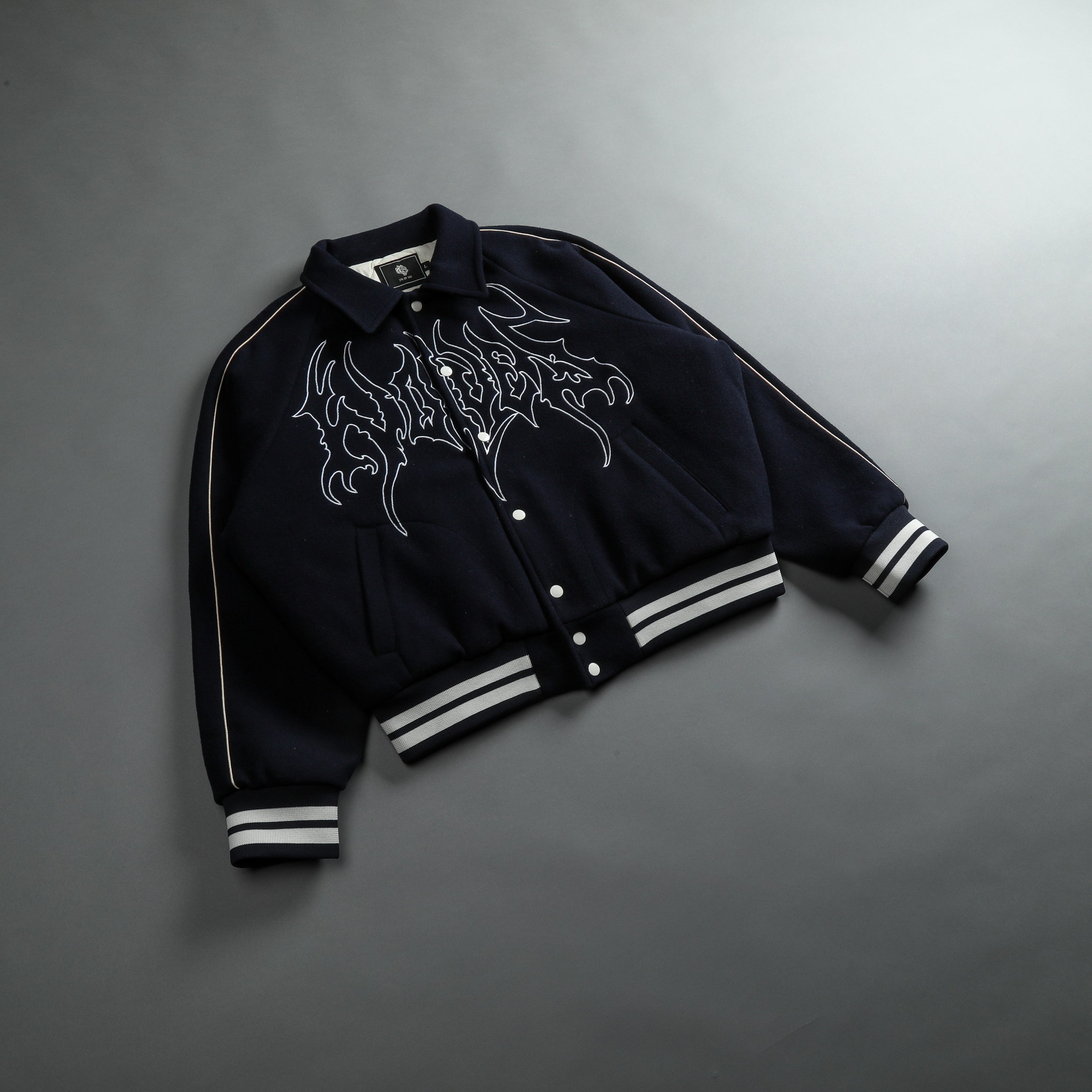 Until Valhalla Roxy Box Cut Rudy Lettermans Jacket in Midnight Blue