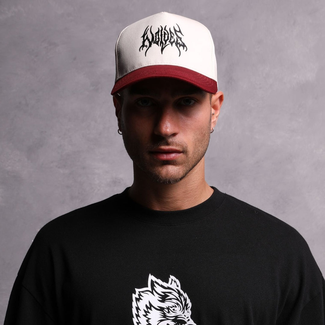 Until Valhalla 5 Panel Hat in Cream/Maroon