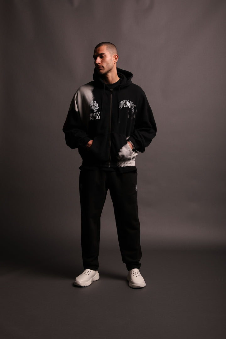 Ohana At Our Back Premium Zip Up Unisex Hoodie in Black Acid Wash
