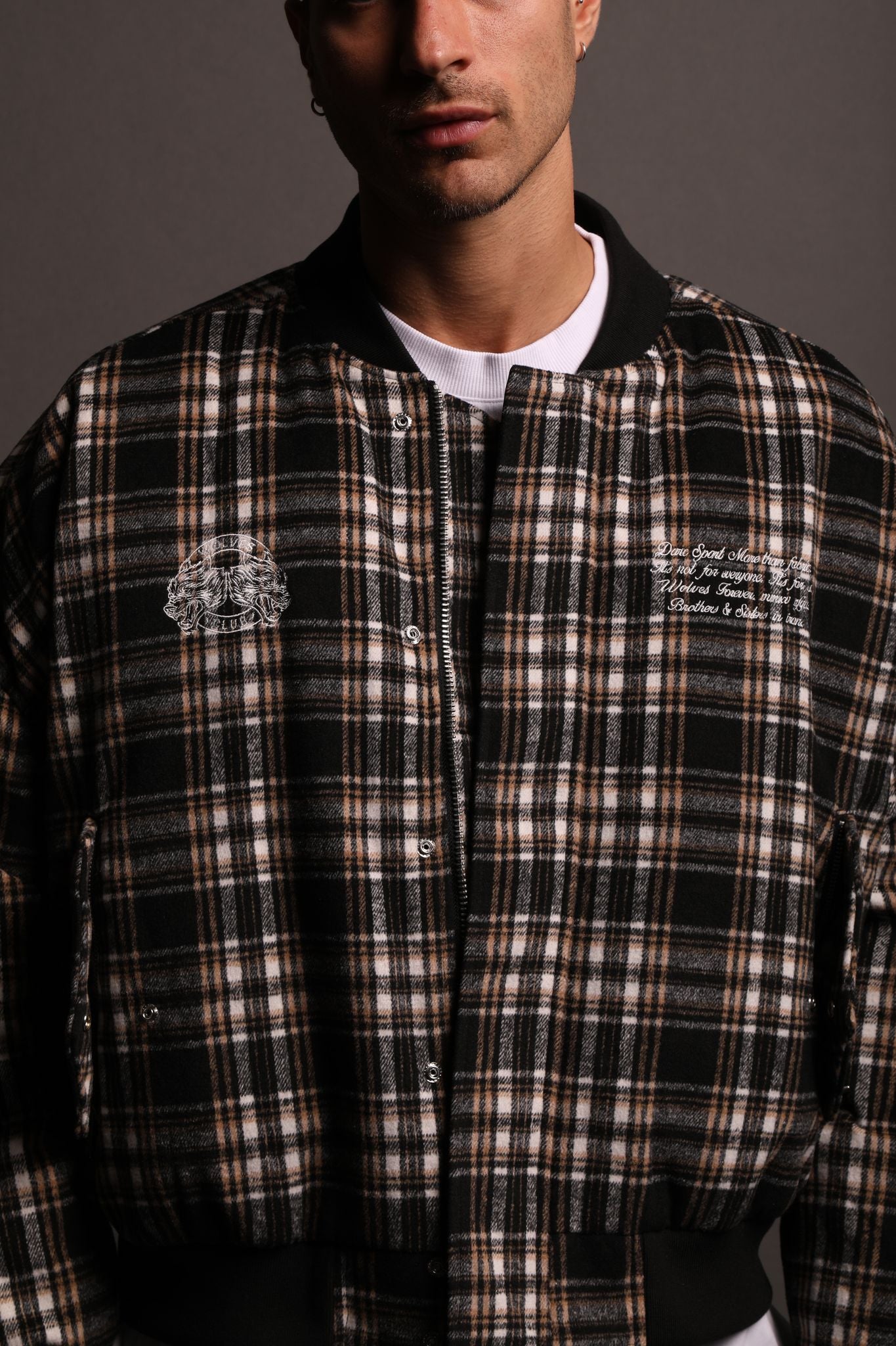 Marked Vicious Plaid Bomber Jacket in Black/Brown Plaid