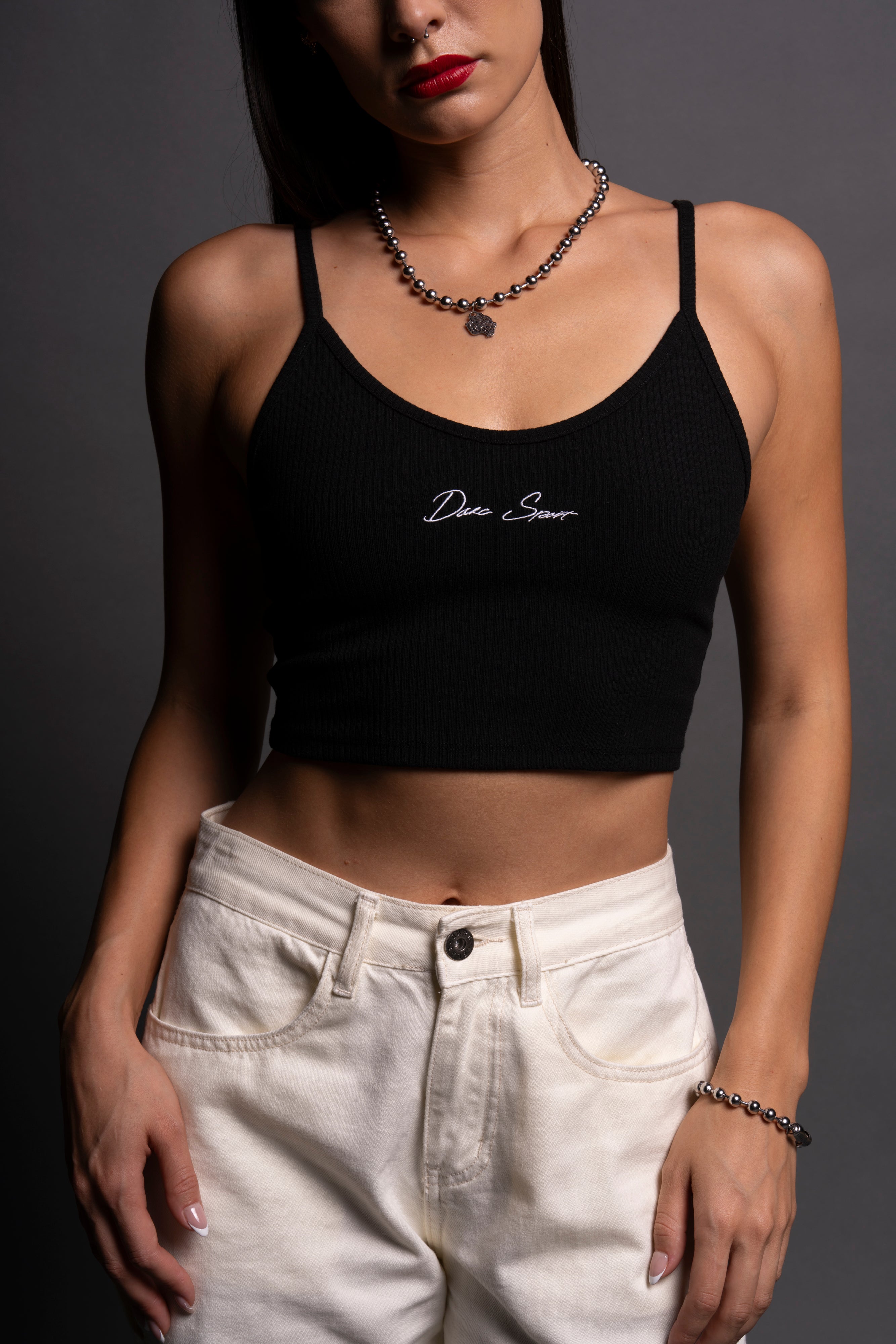 Written Spaghetti Crop Tank in Black