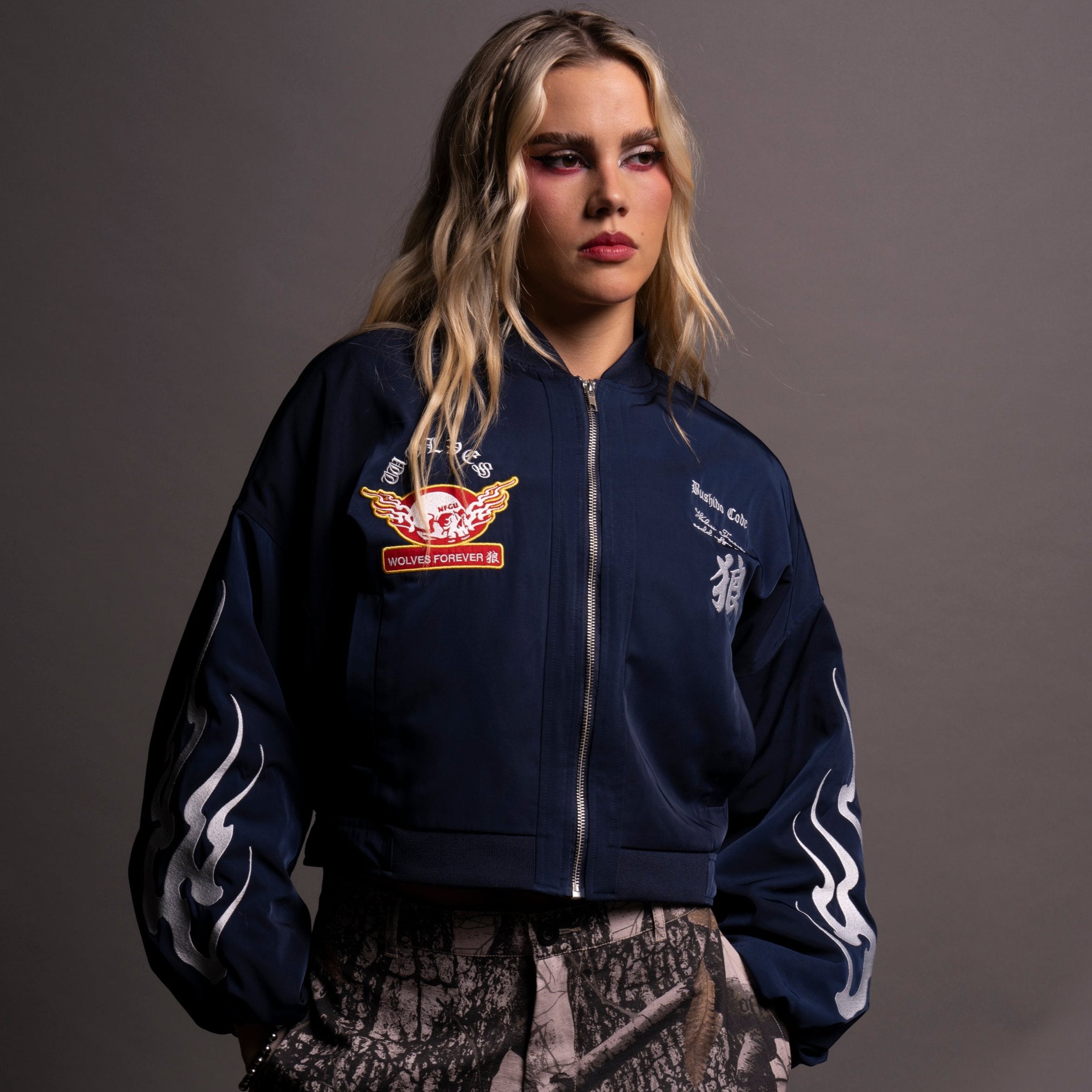 Live Free She Bomber Jacket in Navy