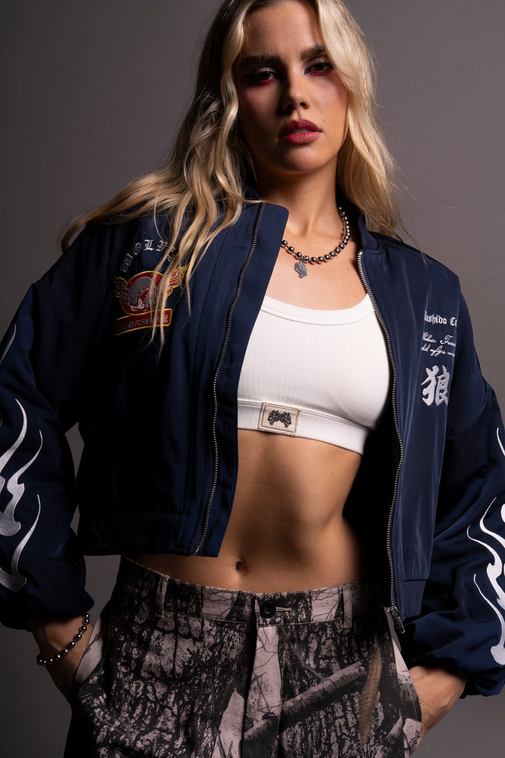 Live Free She Bomber Jacket in Navy