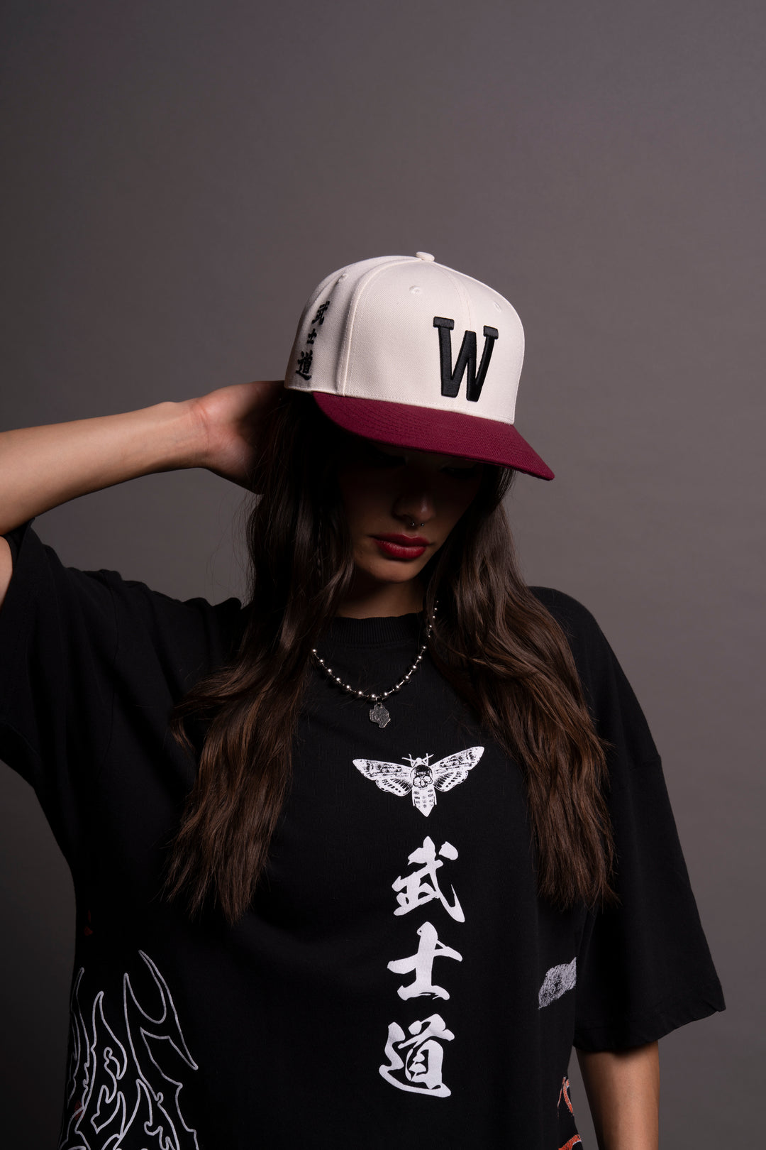 "W" Bushido Fitted Hat in Cream/Cherry Red