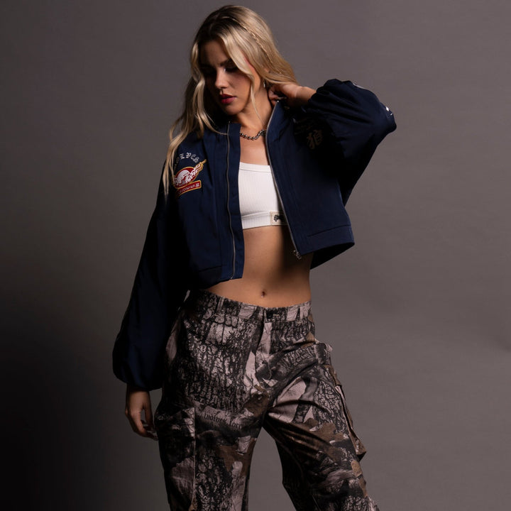 Live Free She Bomber Jacket in Navy