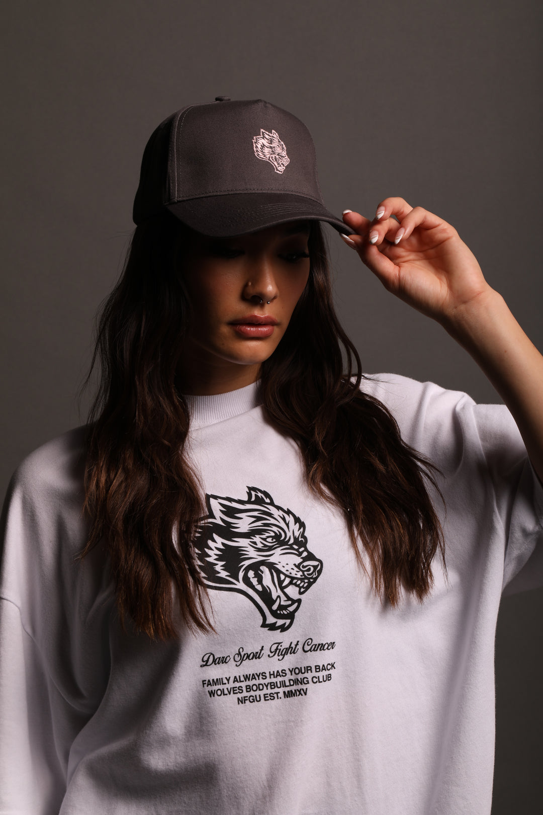 F Cancer x NFGU 5 Panel Hat in Wolf Gray/Light Mauve