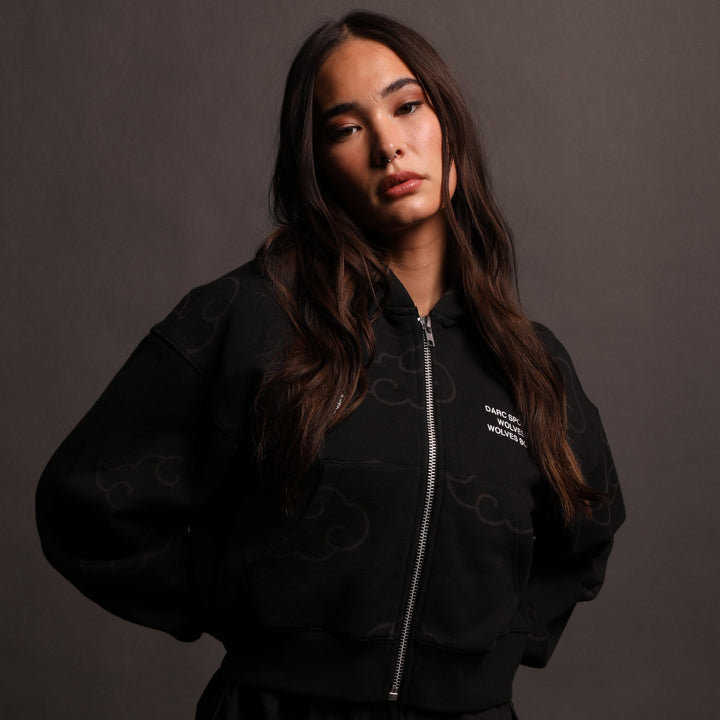 Float On "Sage" (Cropped) Zip Hoodie in Black