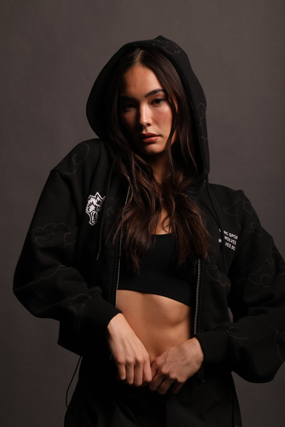 Float On "Sage" (Cropped) Zip Hoodie in Black