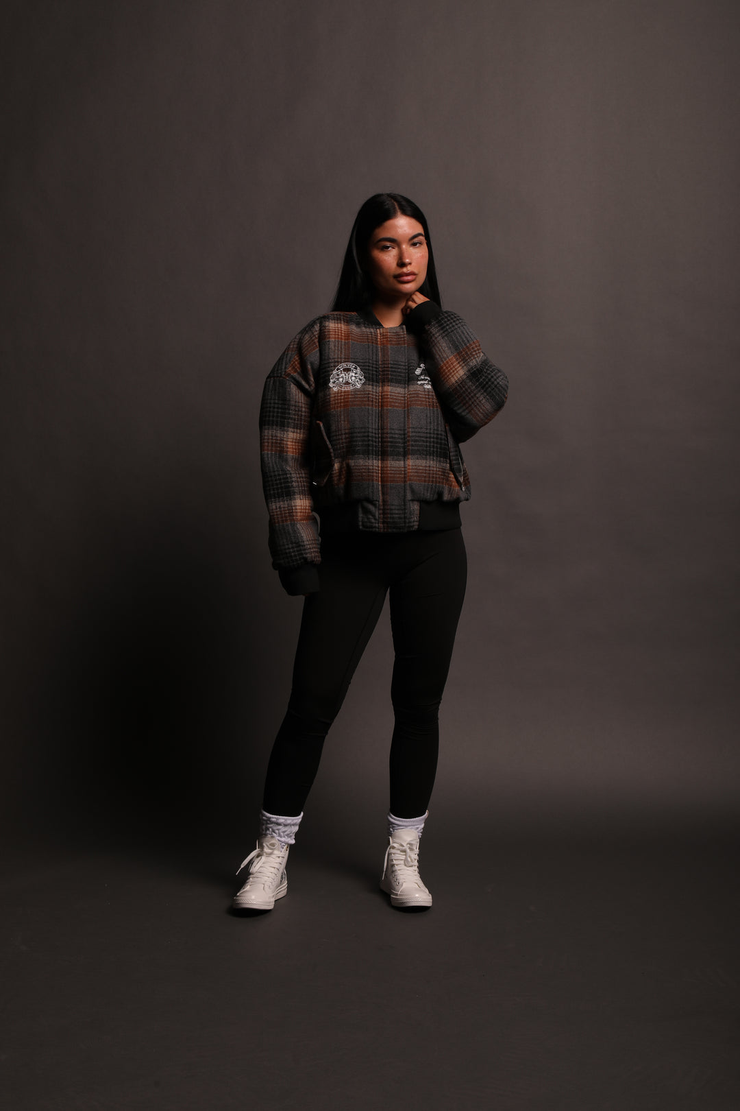 She Chopper Vicious Bomber Jacket in Taupe Tartan