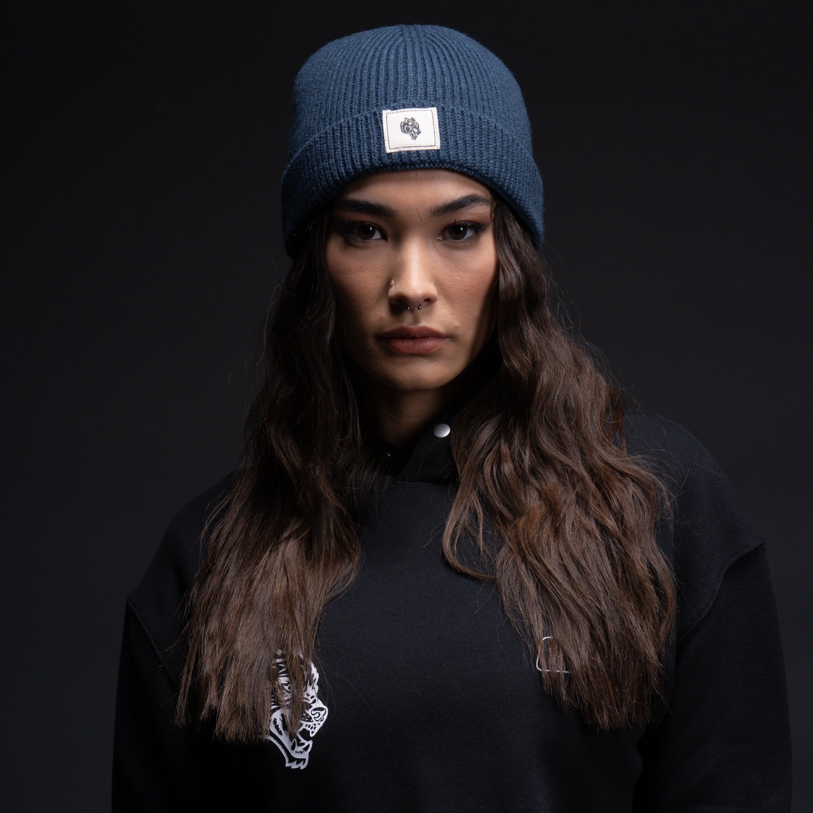 Wolf Patch Beanie in Darc Blue