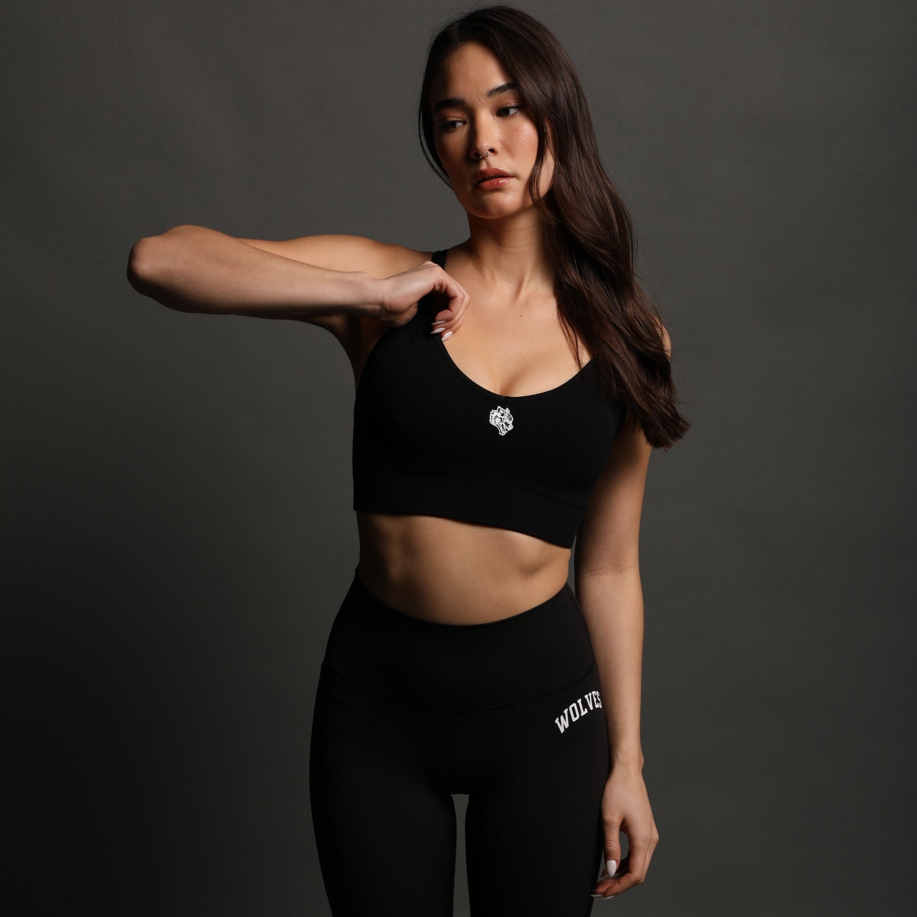 WornOnTV: Caroline's black logo print leggings and sports bra on