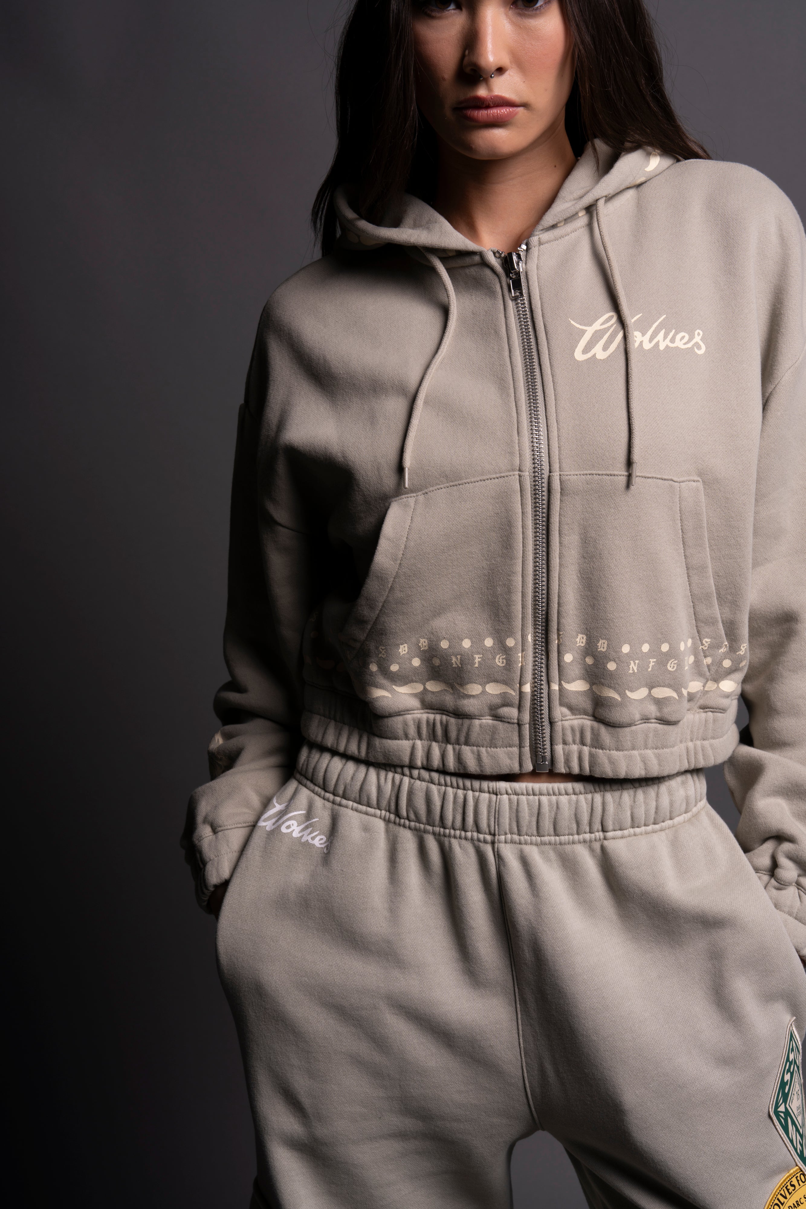 Western Wolves "Vintage Chambers" (Cropped) Zip Hoodie in Cactus Gray