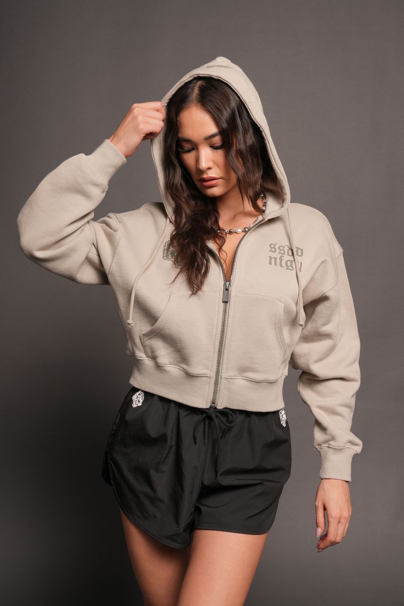 She Wolf Club Sage Cropped Zip Hoodie In Cactus Gray