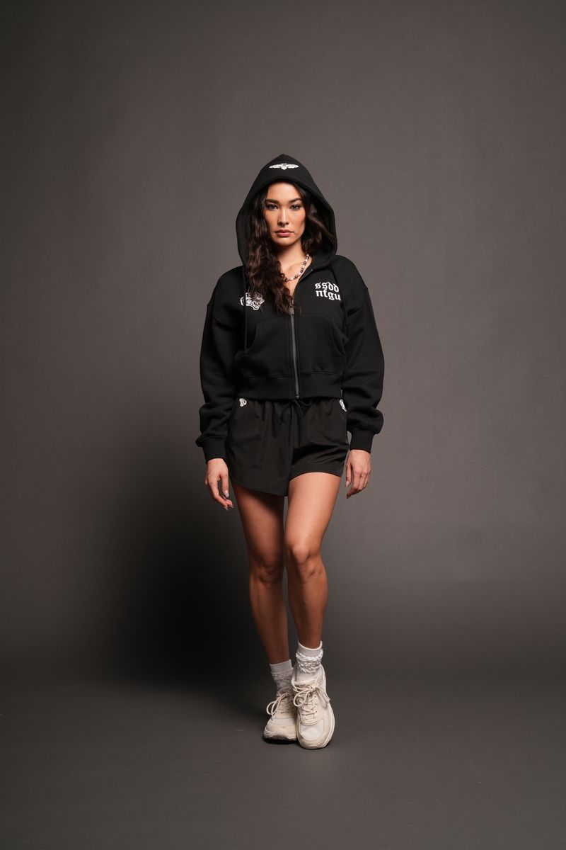 She Wolf Club Sage Cropped Zip Hoodie In Black