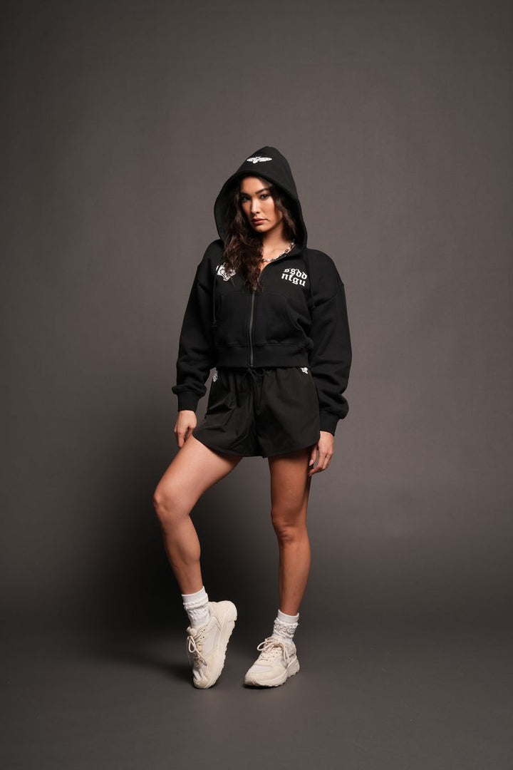 She Wolf Club Sage Cropped Zip Hoodie In Black