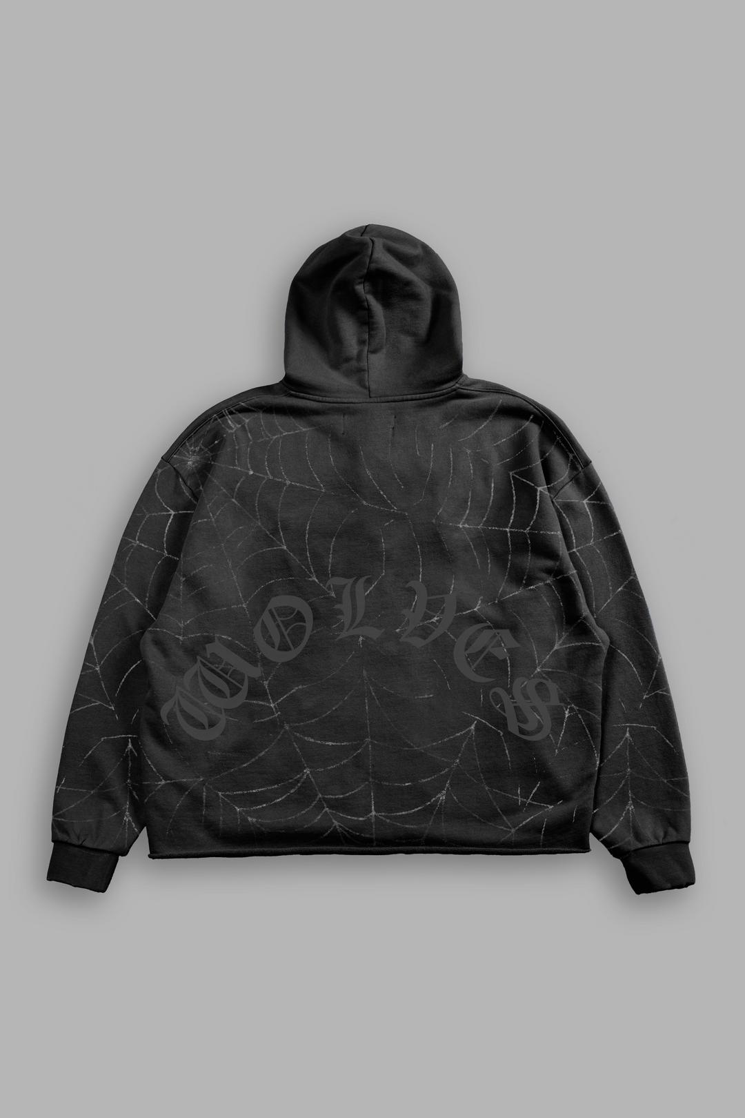 Stud Web Distressed Grunge Mid Length Raw Hem Zip Hoodie in Black Sun Fade