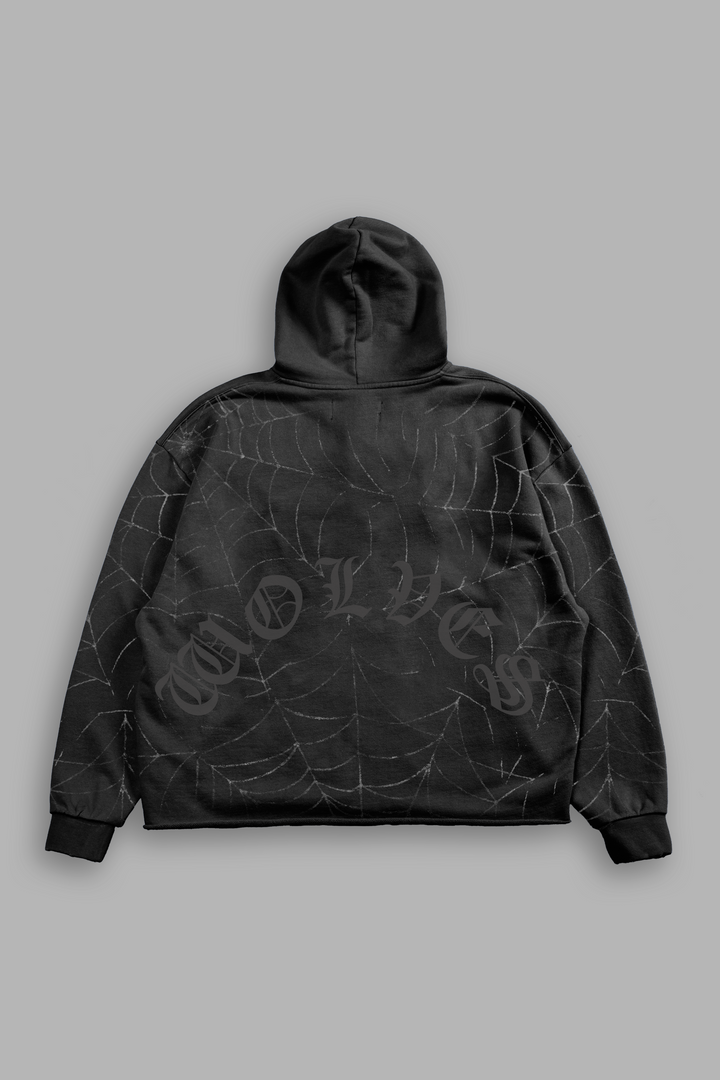 Stud Web Distressed Grunge Mid Length Raw Hem Zip Hoodie in Black Sun Fade