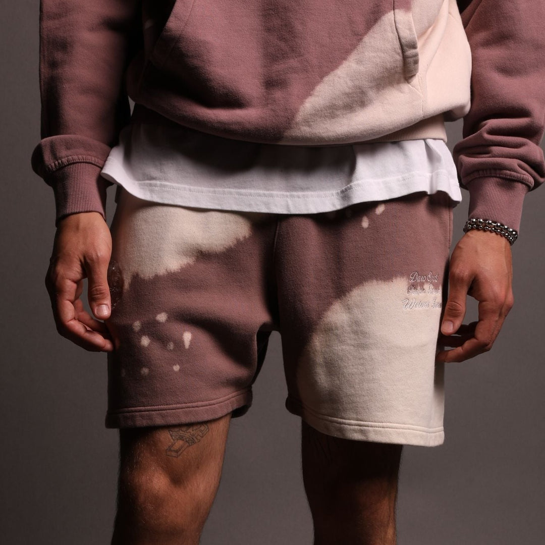Because Us Patch Liam Sweat Shorts in Mauve Acid Wash