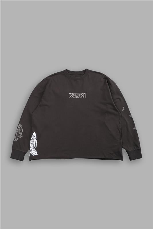 Wolves Valor Grunge Mid Length Raw Hem Ls Tee in Darc Brown Drift Wash