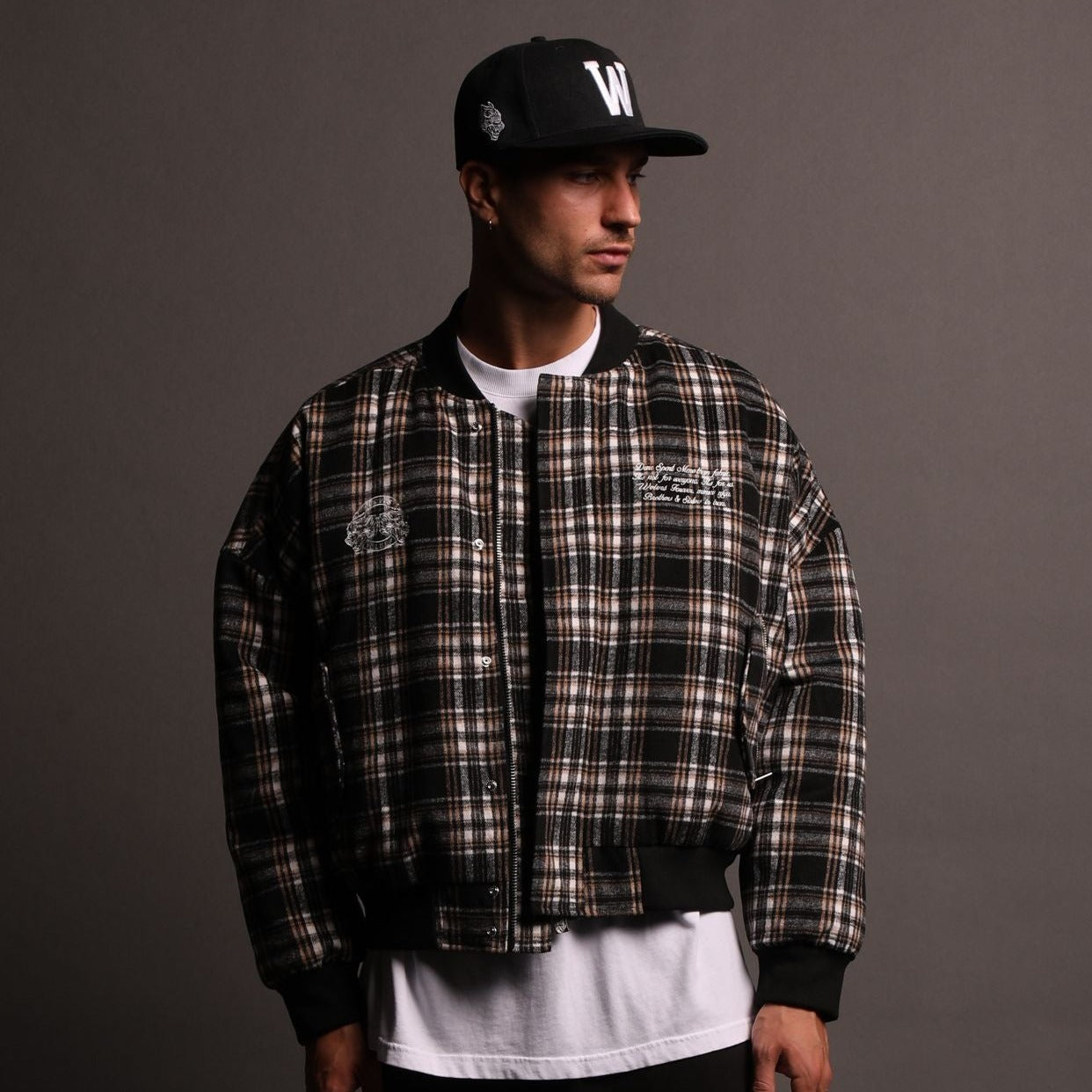 Marked Vicious Plaid Bomber Jacket in Black/Brown Plaid