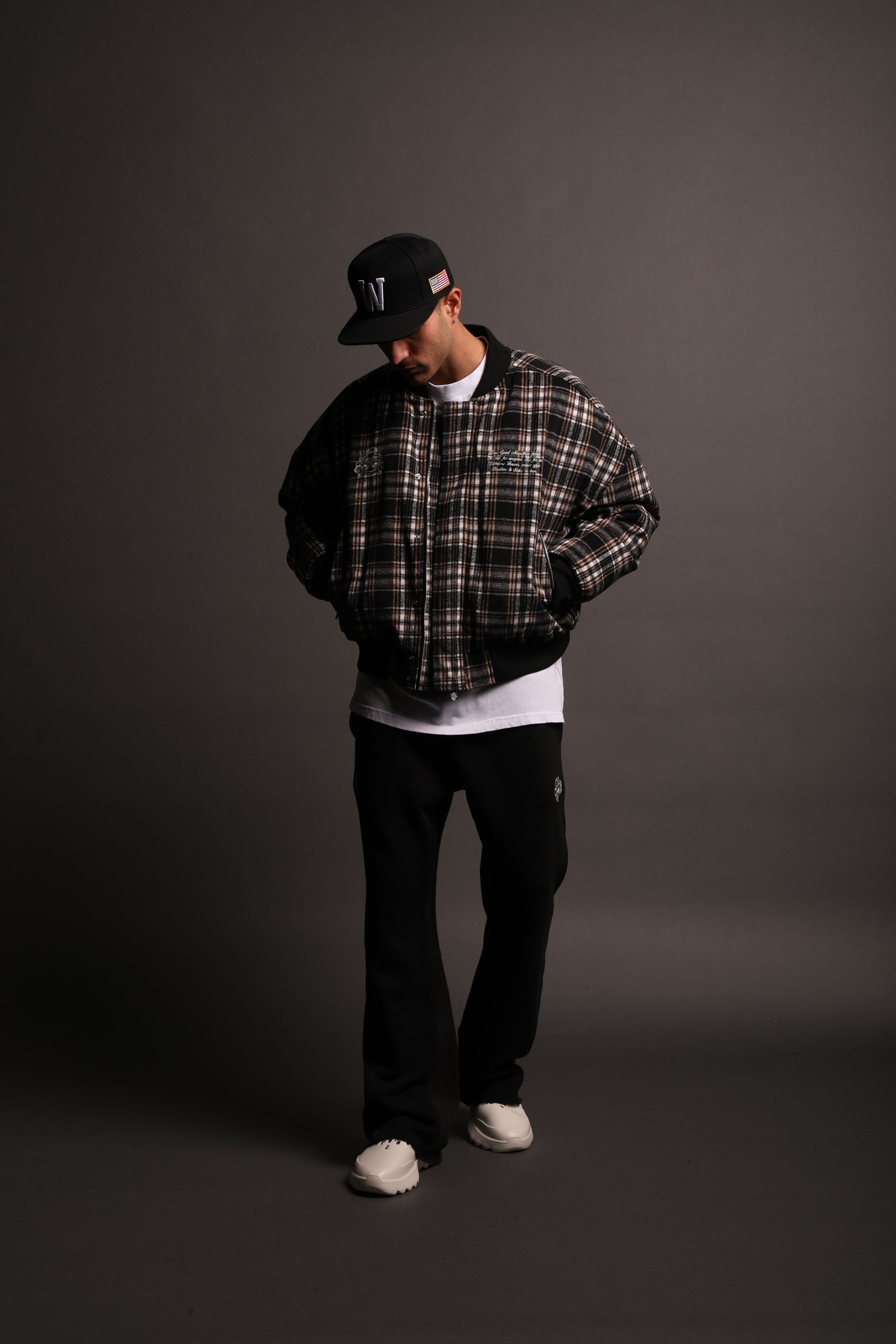 Marked Vicious Plaid Bomber Jacket in Black/Brown Plaid