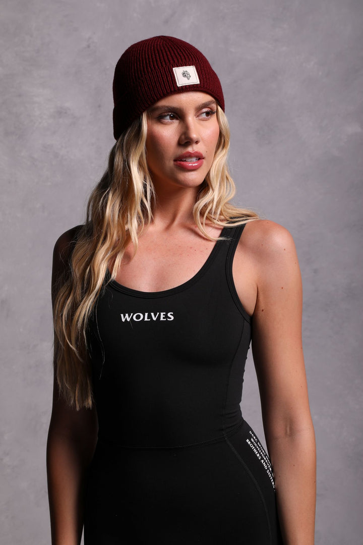 Wolf Patch Beanie in Maroon
