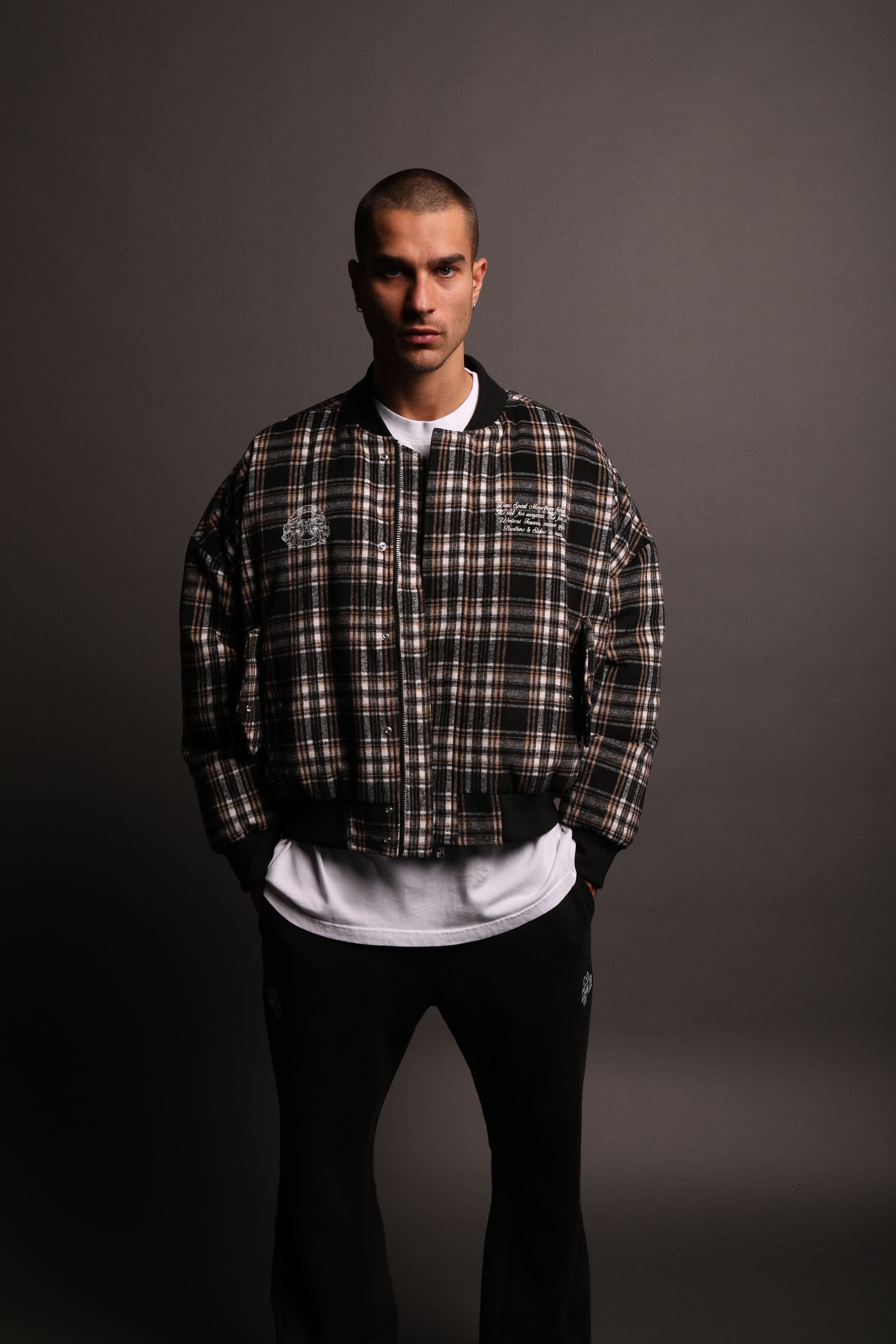 Marked Vicious Plaid Bomber Jacket in Black/Brown Plaid