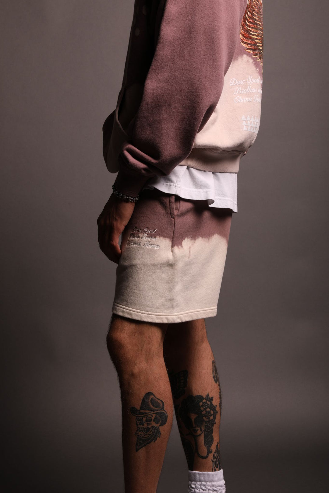 Because Us Patch Liam Sweat Shorts in Mauve Acid Wash