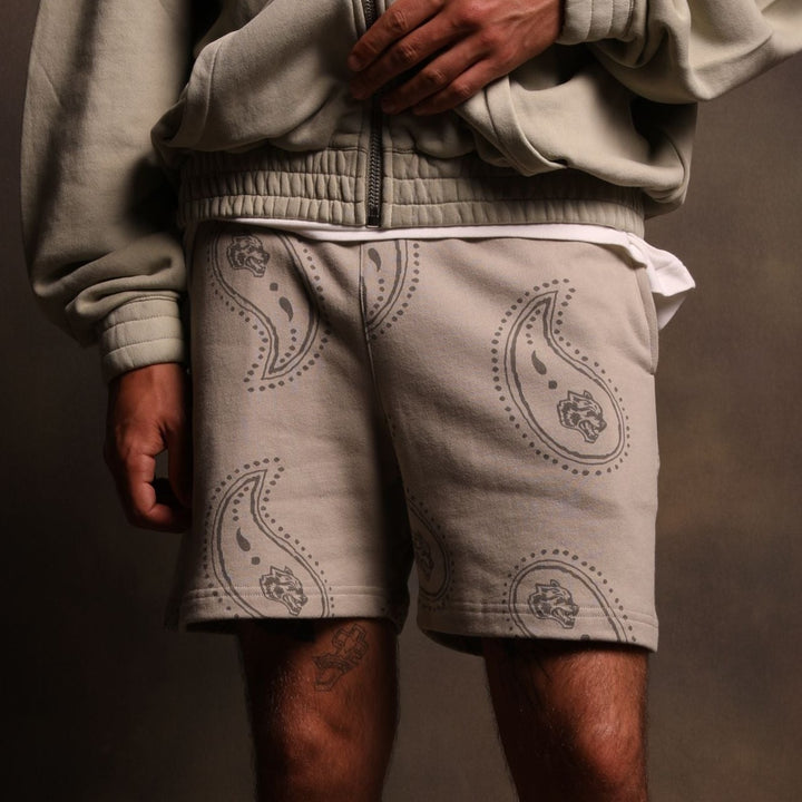 Falling Paisley Patch Liam Sweat Shorts in Cactus Gray