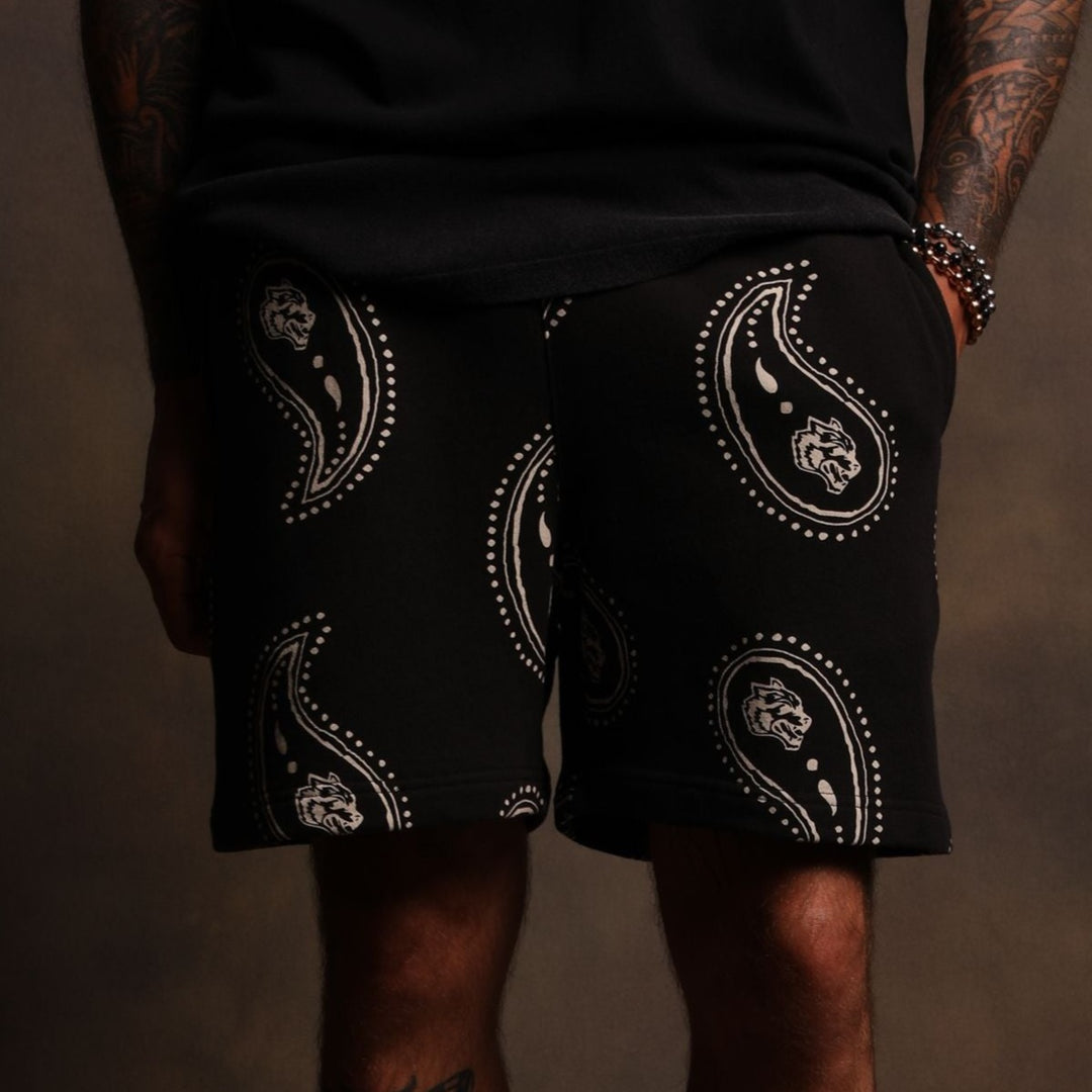 Falling Paisley Patch Liam Sweat Shorts in Black