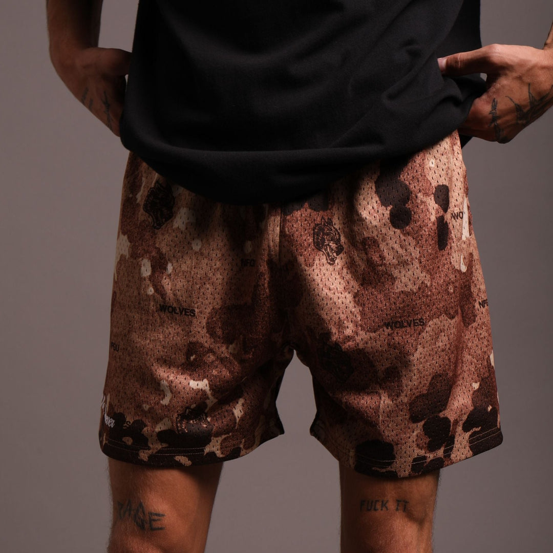 Sewn Together Patch Liam Mesh Shorts in Canyon Origin Camo