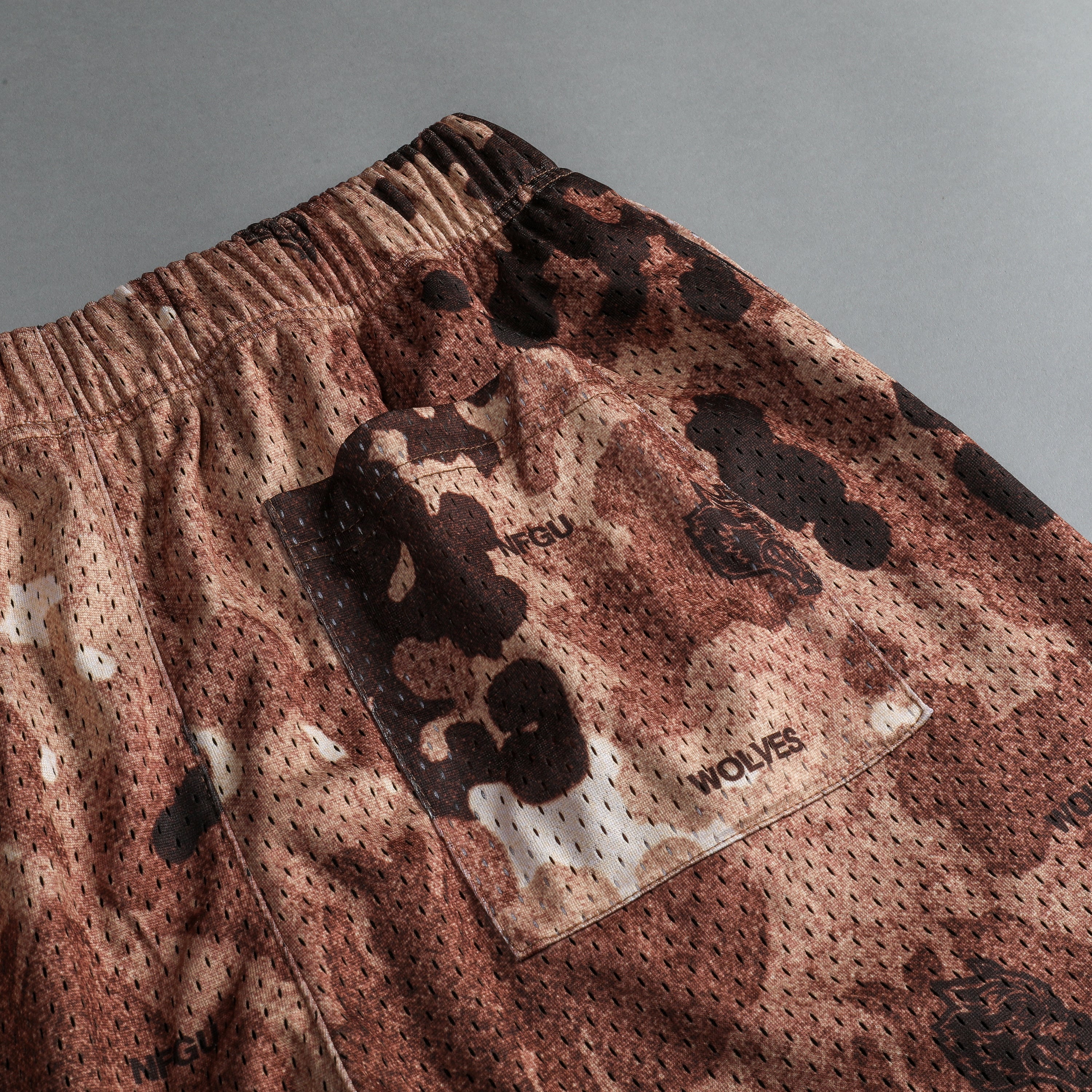 Sewn Together Patch Liam Mesh Shorts in Canyon Origin Camo