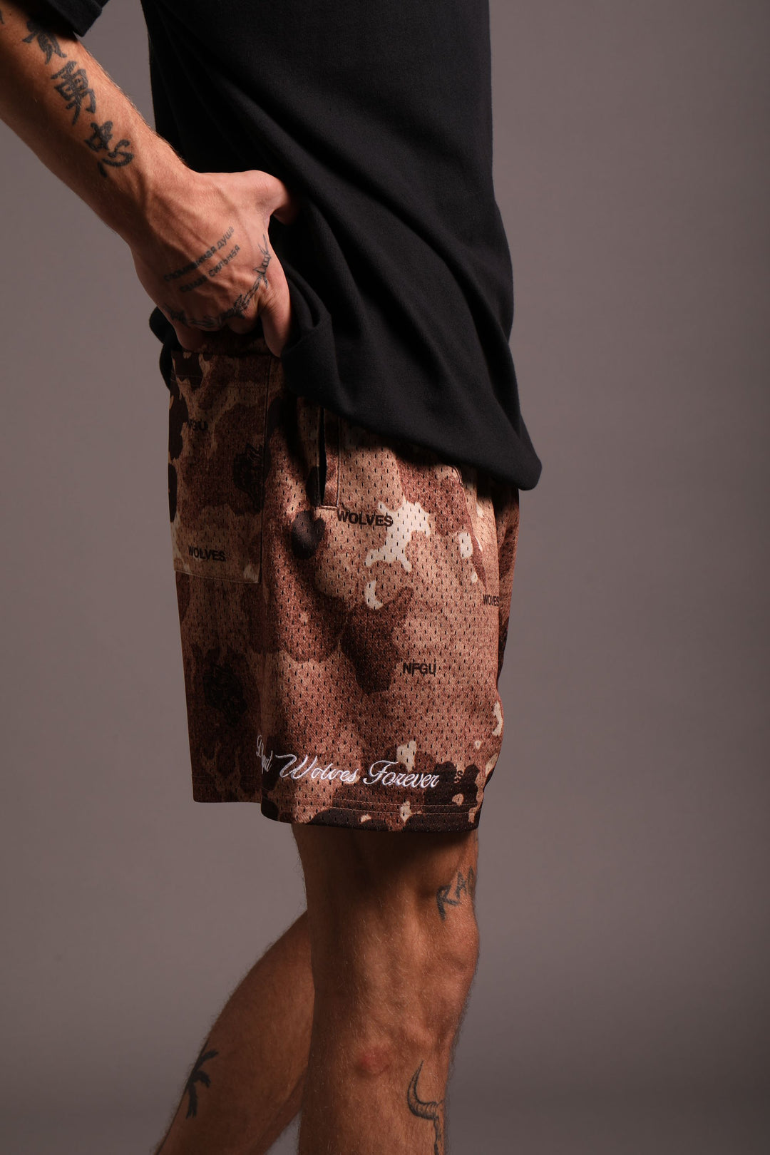 Sewn Together Patch Liam Mesh Shorts in Canyon Origin Camo